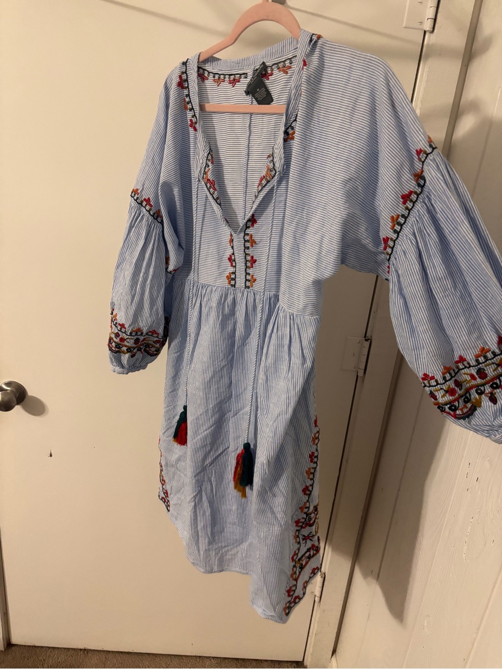 Chelsea & Theodore Light Blue Striped Embroidered Tassel Dress